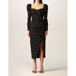 Self Portrait Long Sleeve Black White Polka Dot Sweetheart Neckline Midi Dress 0